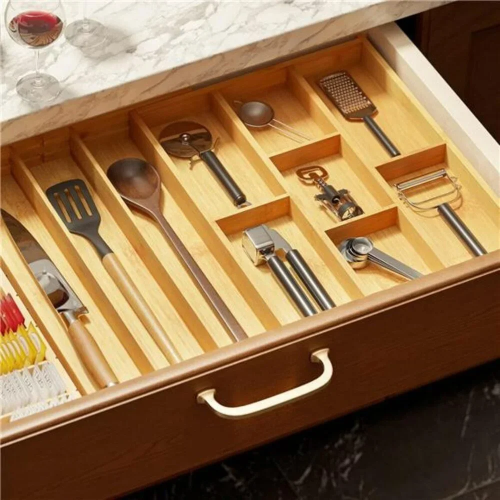 Expandable bamboo silverware drawer organizer utensil flatware cutlery tray hold